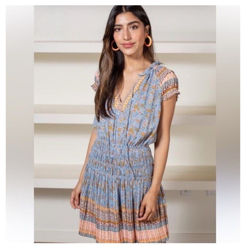 Current Air x Anthropologie Yvette Pleated blue Floral Mini Dress Sz S